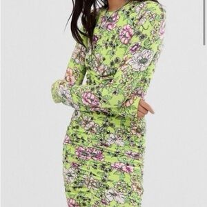 Vibrant Lime Green Floral Print Long Sleeve Ruched Mini Dress